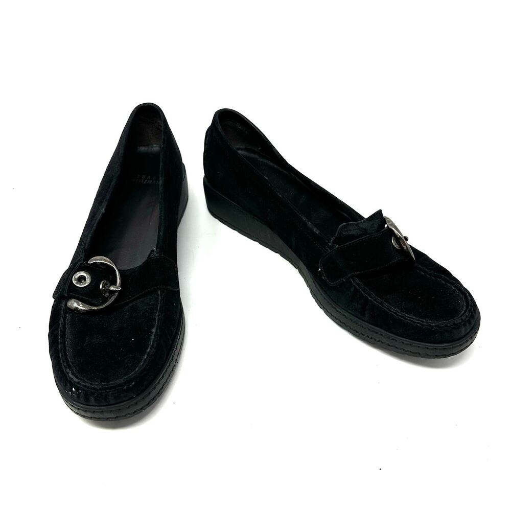 Stuart Weitzman Size 10 Flats Black Suede Loafers Stitched Buckle Slip On Casual